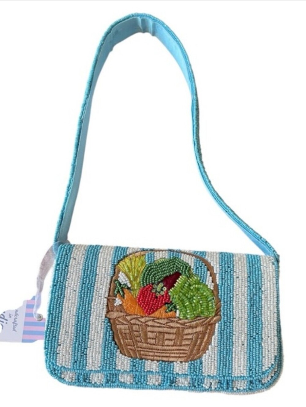 Blue Striped Vegetable Basket Beaded Shoulder Purse Bag